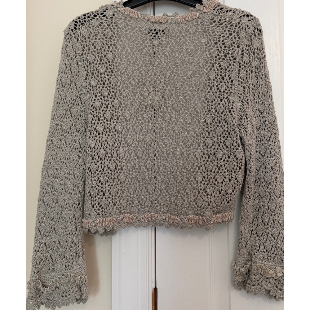 Express Womens Silver Metallic Pointelle Knit Cardigan Ruffle Velvet Trim Large - Picture 5 of 7